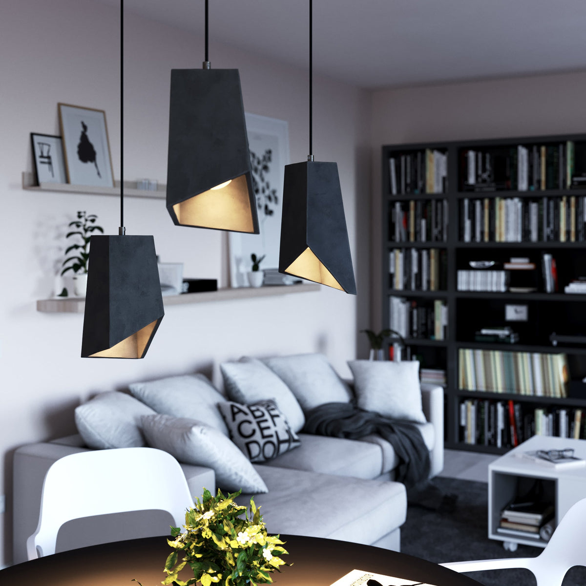 Lampada a sospensione completa di cavo tessile, paralume Prisma in cemento e finiture in metallo - Cemento scuro