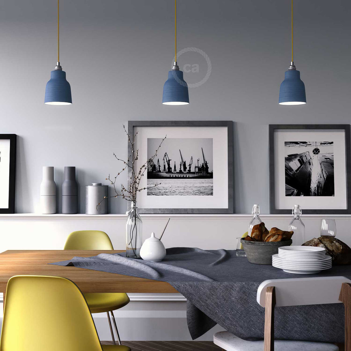 Lampada a sospensione completa di cavo tessile, paralume Vaso in ceramica e finiture in metallo - Avion striato