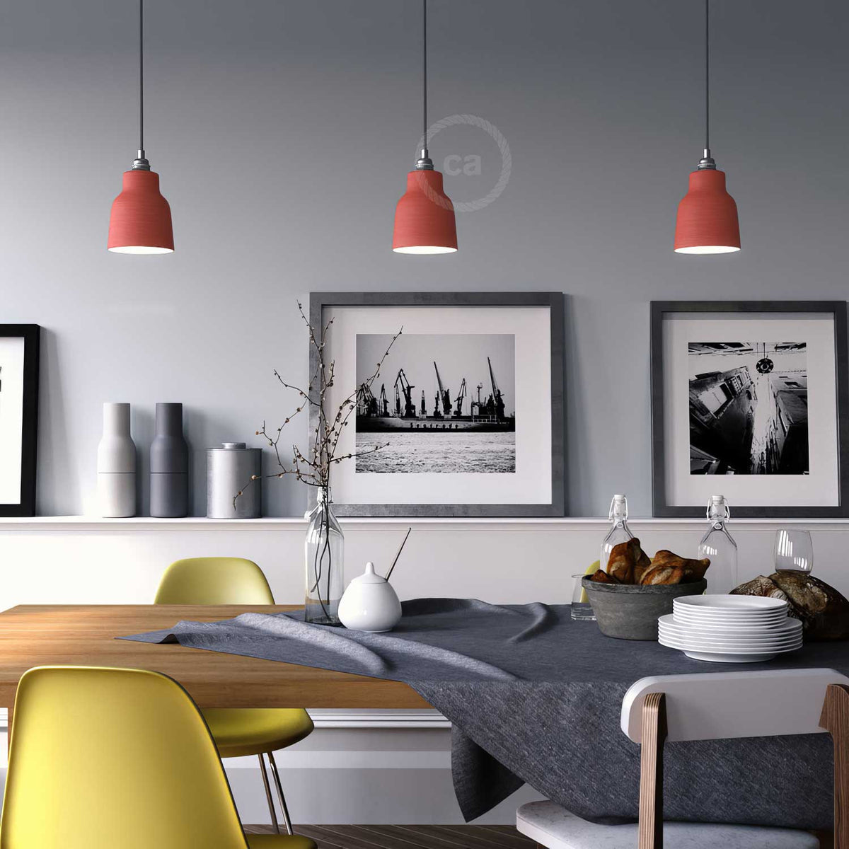 Lampada a sospensione completa di cavo tessile, paralume Vaso in ceramica e finiture in metallo - Corallo striato