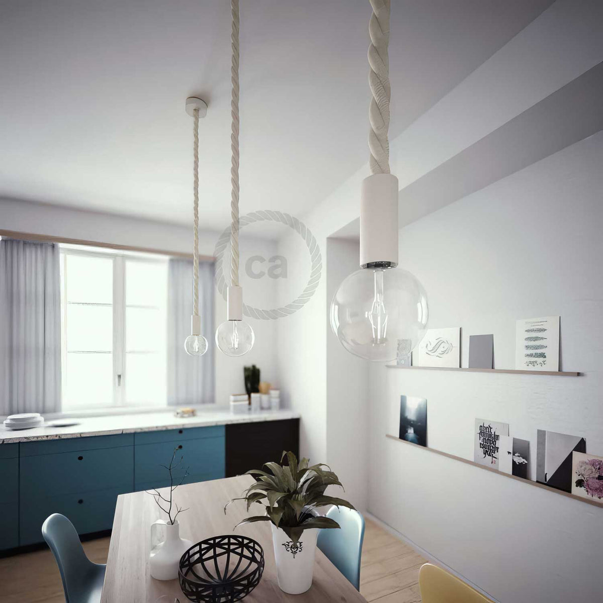 Lampada a sospensione completa di cordone nautico 3XL 30 mm con finiture in legno verniciato - Bianco