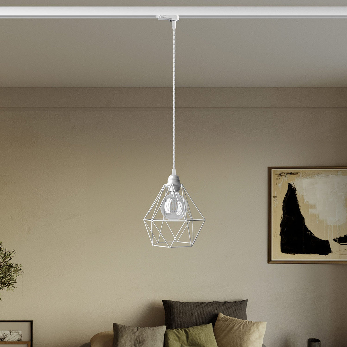 Lampada a sospensione con paralume a gabbia Diamond per binari - Bianco