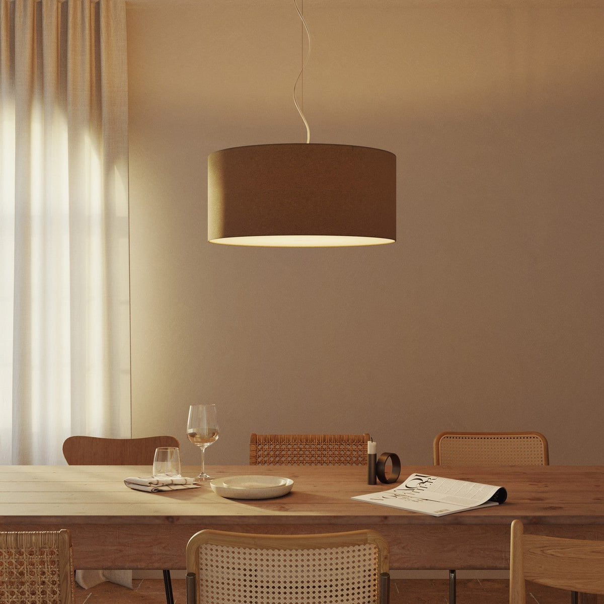 Lampada a sospensione con paralume in tessuto Cilindro Large - Made in Italy - Lana Marrone Si