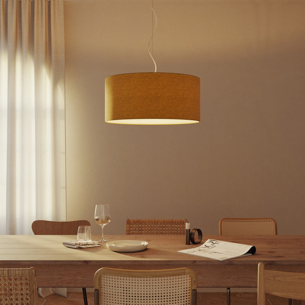 Lampada a sospensione con paralume in tessuto Cilindro Large - Made in Italy - Lana Senape Si