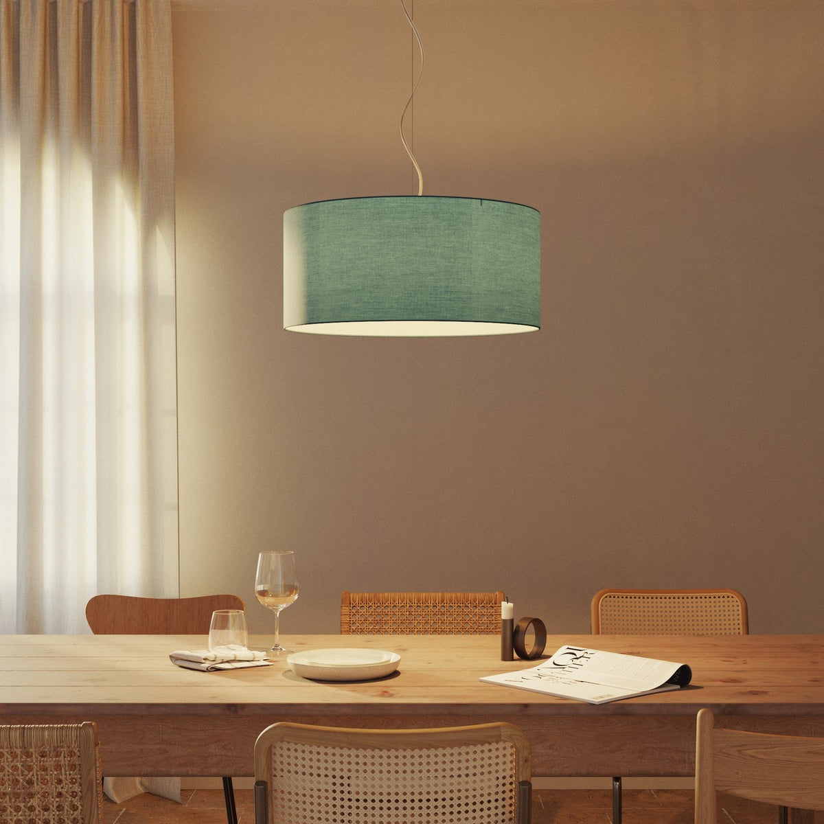 Lampada a sospensione con paralume in tessuto Cilindro Large - Made in Italy - Teletta Verde Dubbio No