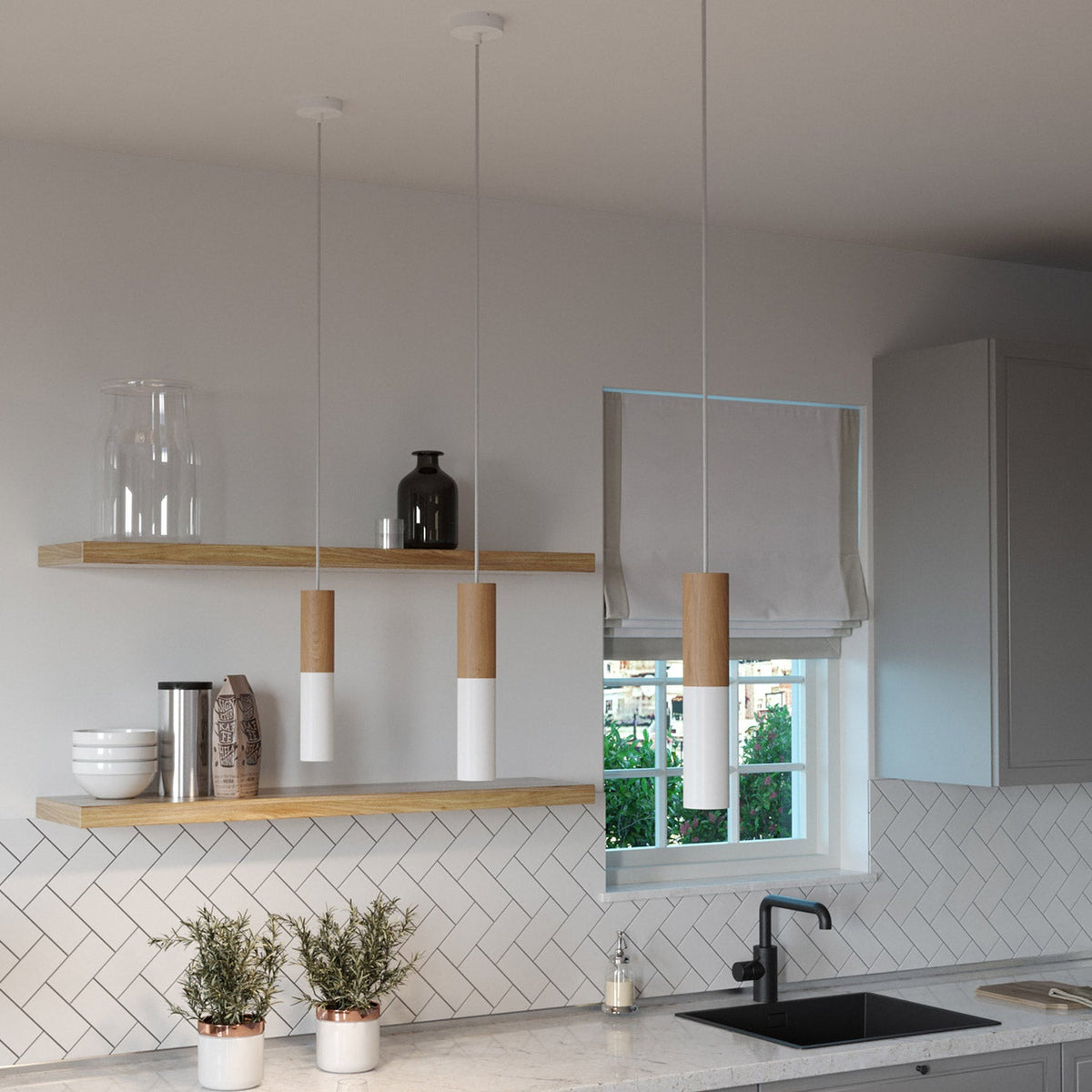 Lampada a sospensione Made in Italy completa di cavo tessile e doppio paralume Tub-E14 in legno e metallo - Bianco opaco