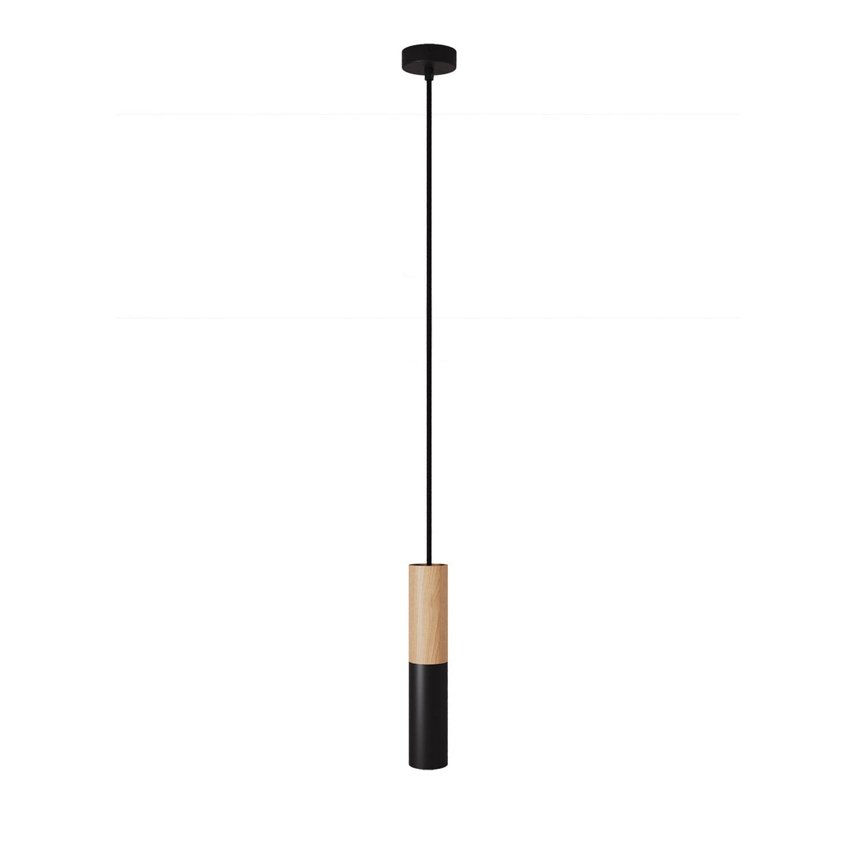 Lampada a sospensione Made in Italy completa di cavo tessile e doppio paralume Tub-E14 in legno e metallo - Nero