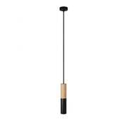 Lampada a sospensione Made in Italy completa di cavo tessile e doppio paralume Tub-E14 in legno e metallo - Nero
