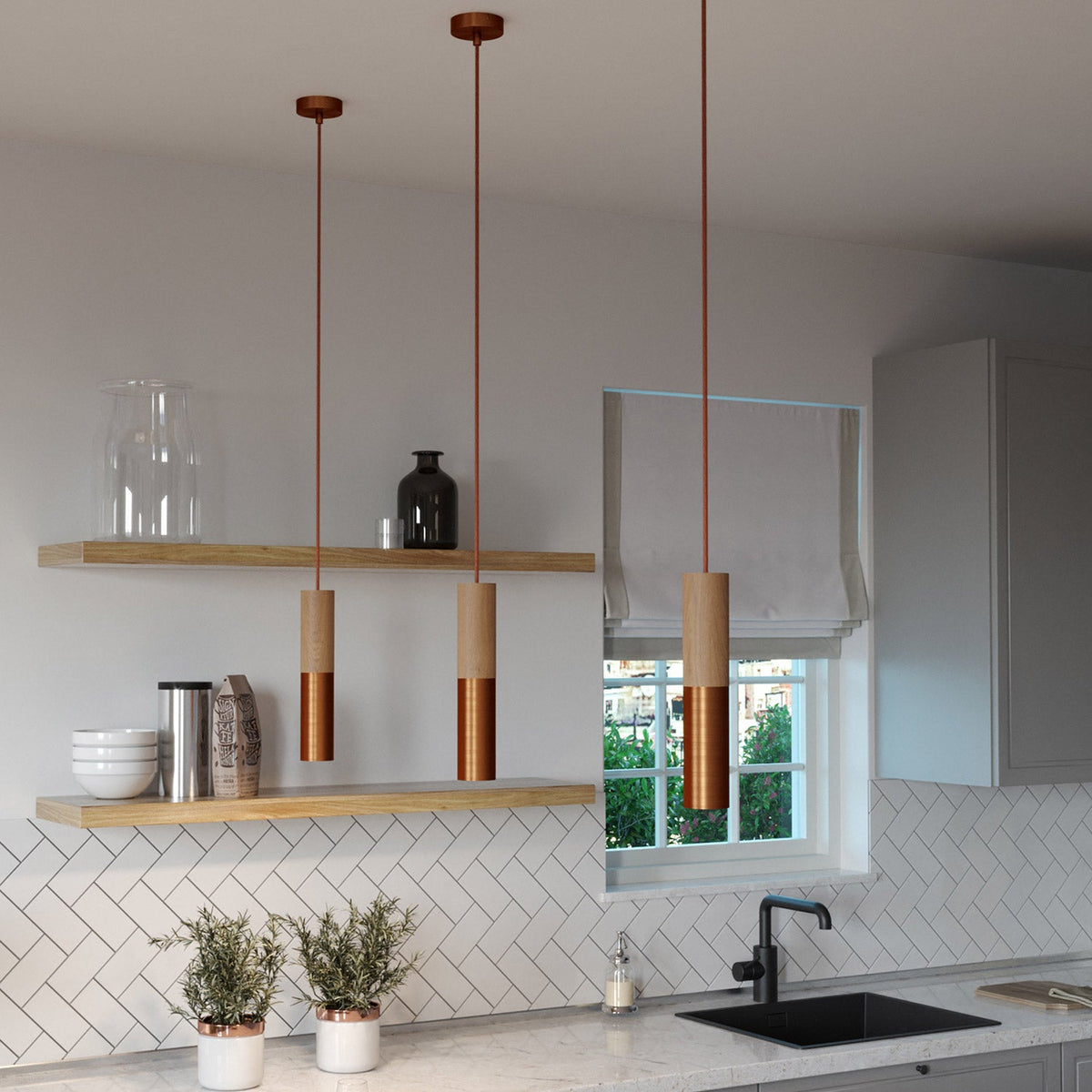 Lampada a sospensione Made in Italy completa di cavo tessile e doppio paralume Tub-E14 in legno e metallo - Rame satinato