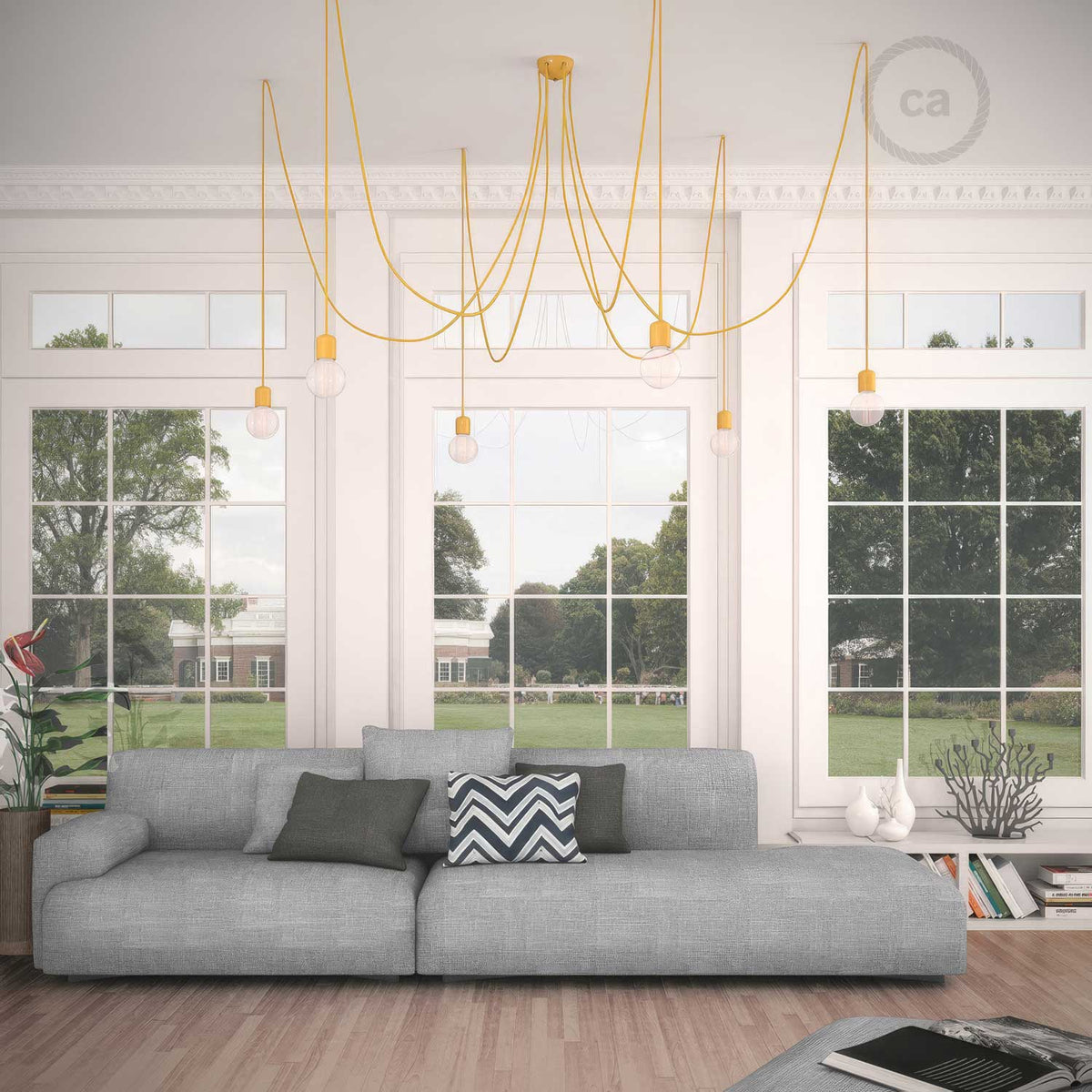 Lampada a sospensione multipla a 6 cadute con finiture in ceramica colorata - Giallo