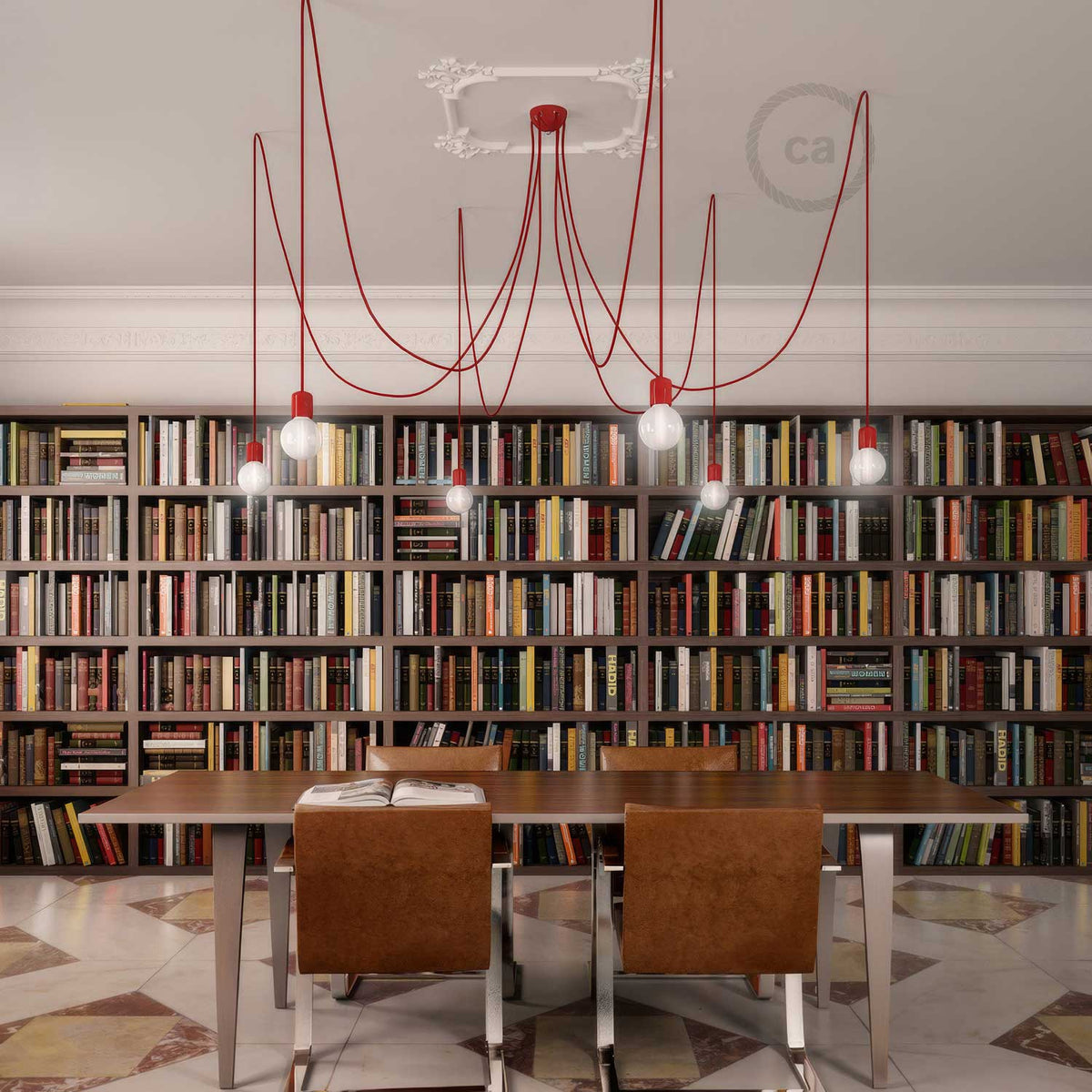 Lampada a sospensione multipla a 6 cadute con finiture in ceramica colorata - Rosso
