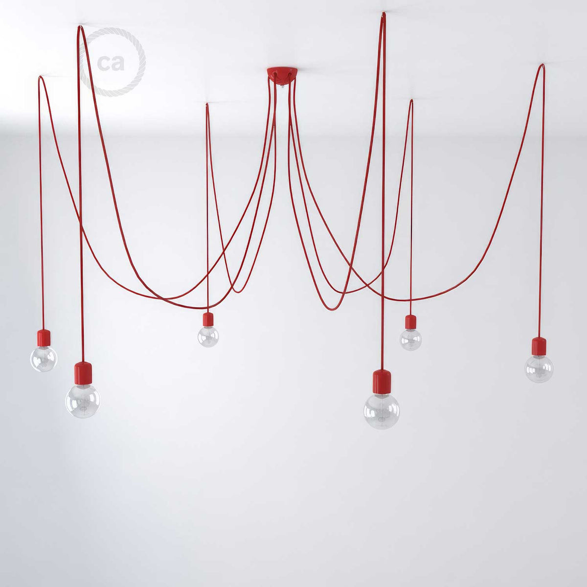 Lampada a sospensione multipla a 6 cadute con finiture in ceramica colorata - Rosso