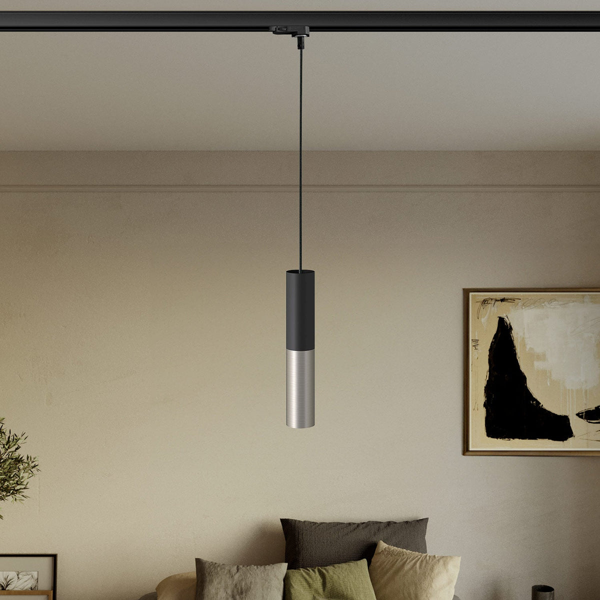 Lampada a sospensione per binari con doppio paralume Tub-E14 - Nero e Titanio satinato