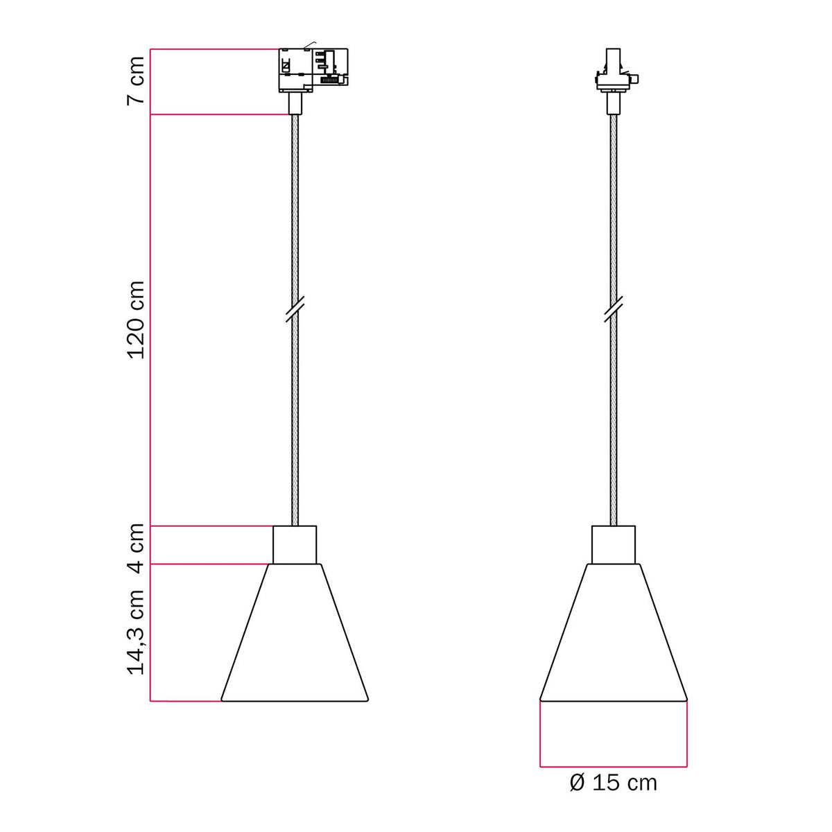 Lampada a sospensione per binari con paralume conico in legno - Bianco