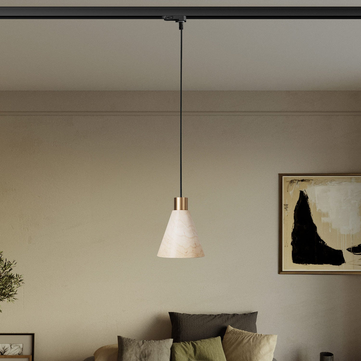 Lampada a sospensione per binari con paralume conico in legno - Bronzo satinato