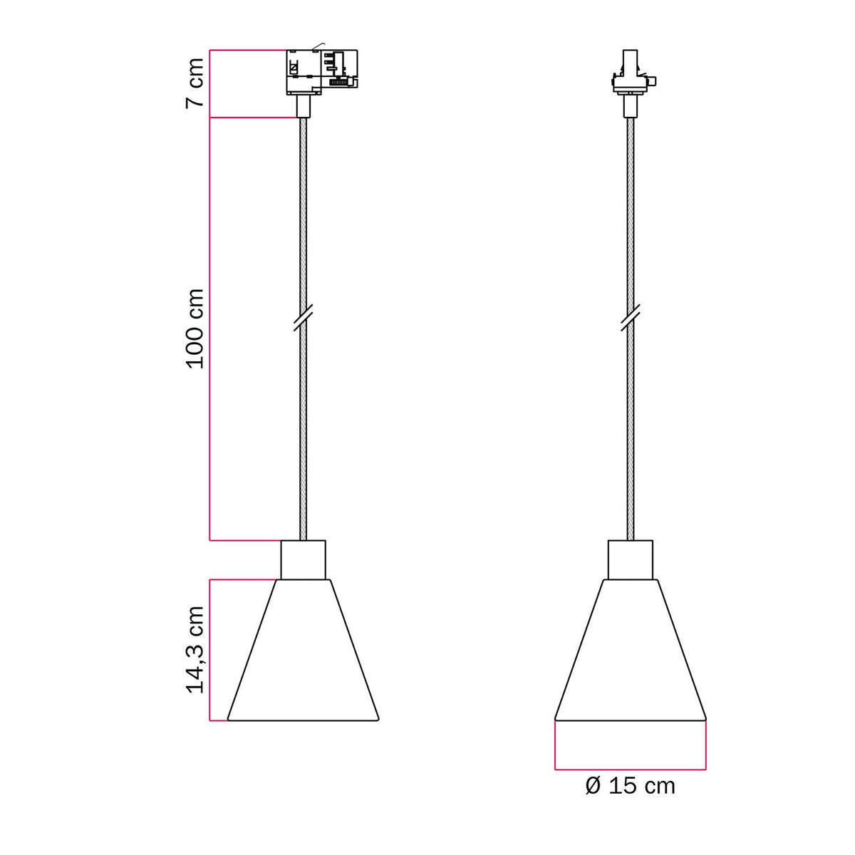 Lampada a sospensione per binari con paralume conico in legno - Bronzo satinato