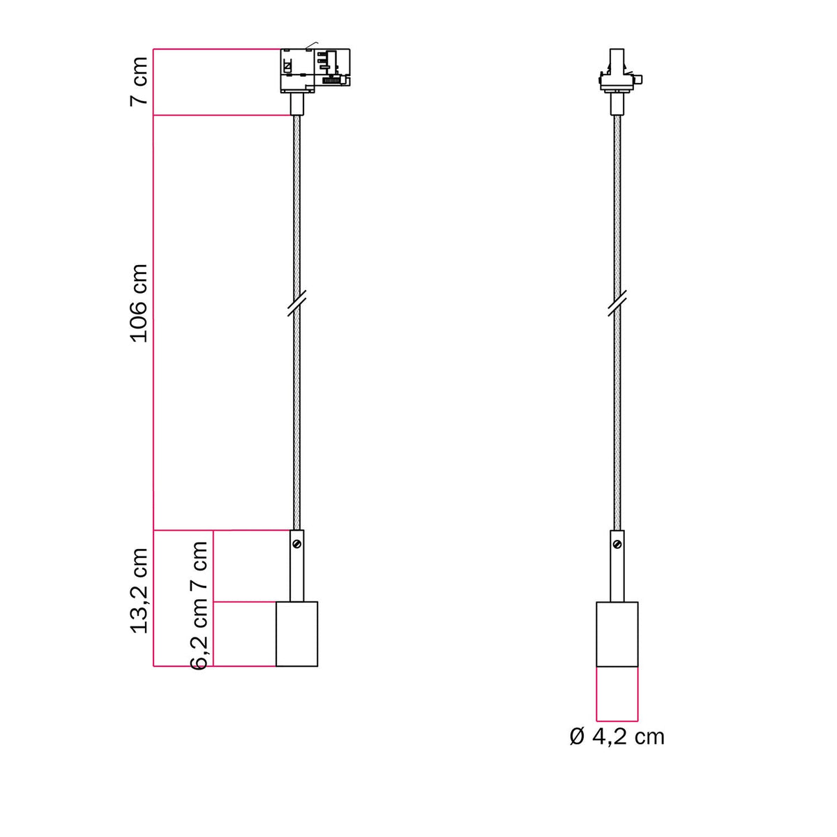 Lampada a sospensione per binario con serracavo da 7cm - Nero