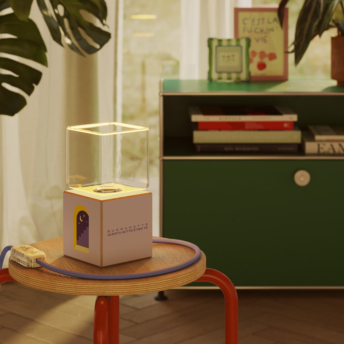 Lampada da tavolo Cubetto "Buonanotte fiorellino" con lampadina Ghost - Santomanifesto