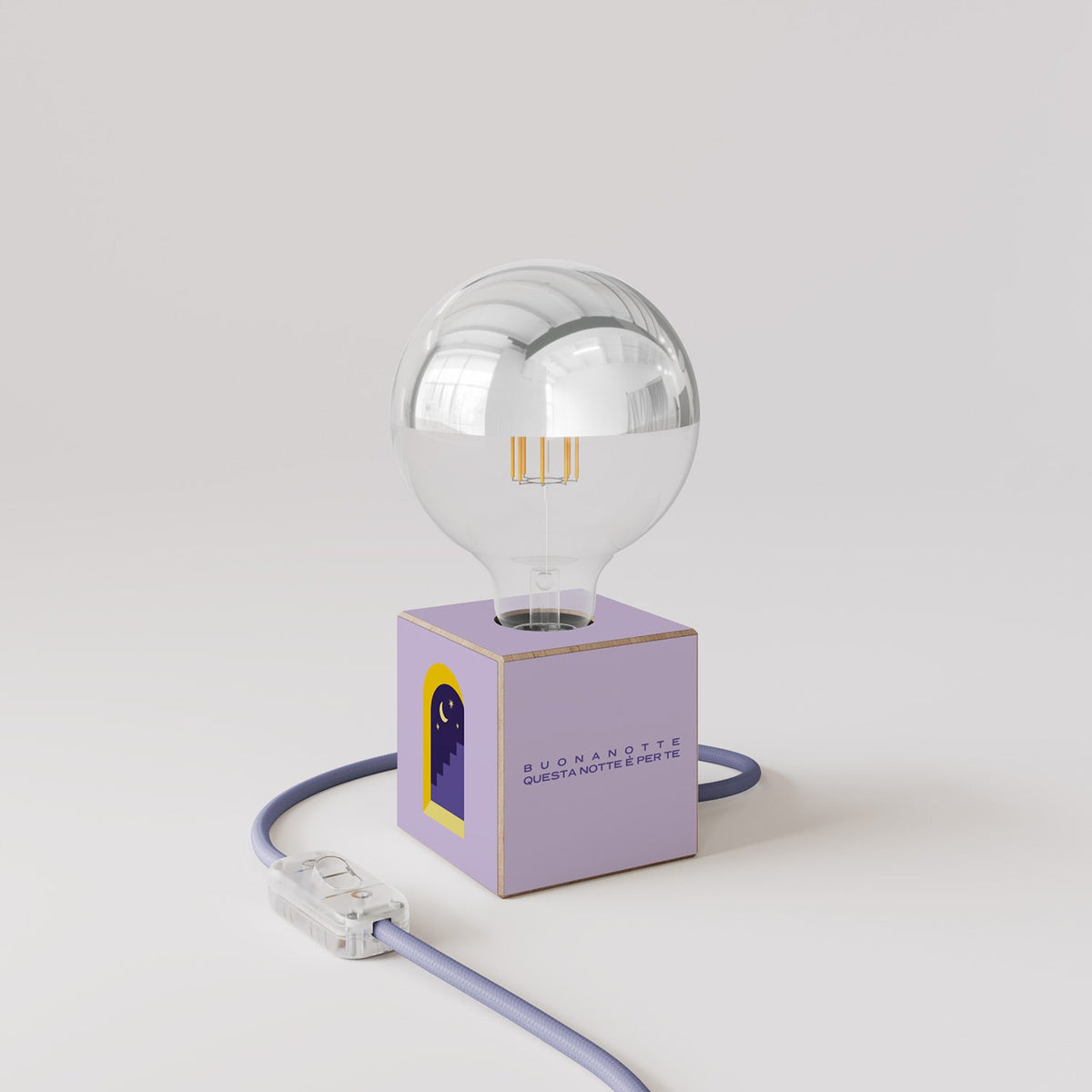 Lampada da tavolo Cubetto "Buonanotte fiorellino" con lampadina globo mezza sfera argento - Santomanifesto