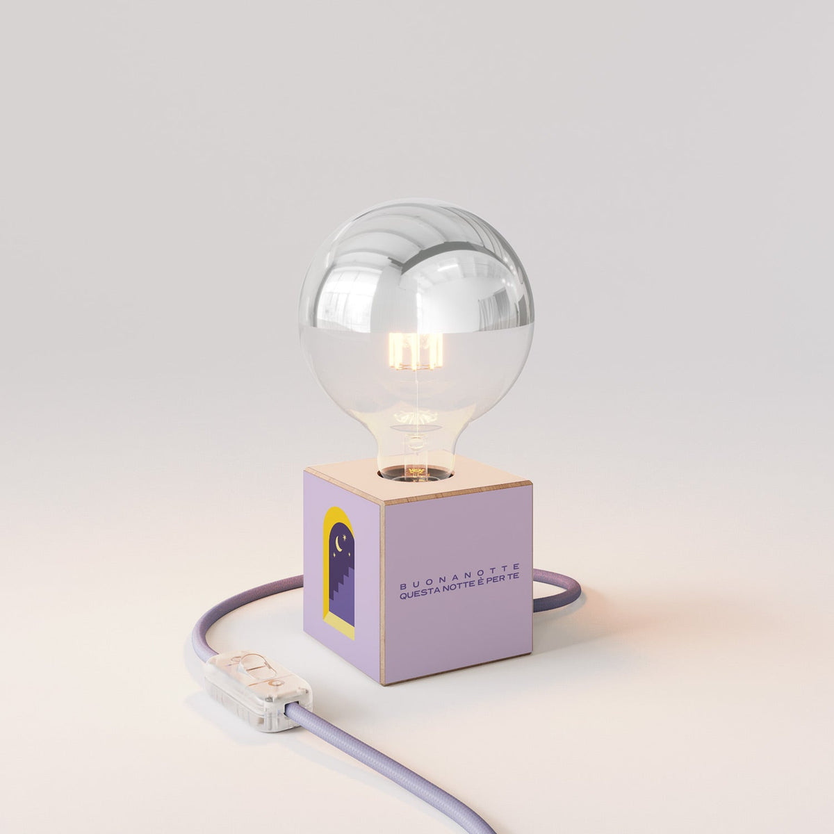 Lampada da tavolo Cubetto "Buonanotte fiorellino" con lampadina globo mezza sfera argento - Santomanifesto