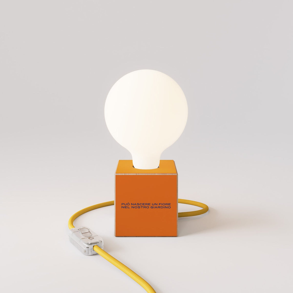 Lampada da tavolo Cubetto "Può nascere un fiore" con lampadina globo effetto porcellana - Santomanifesto