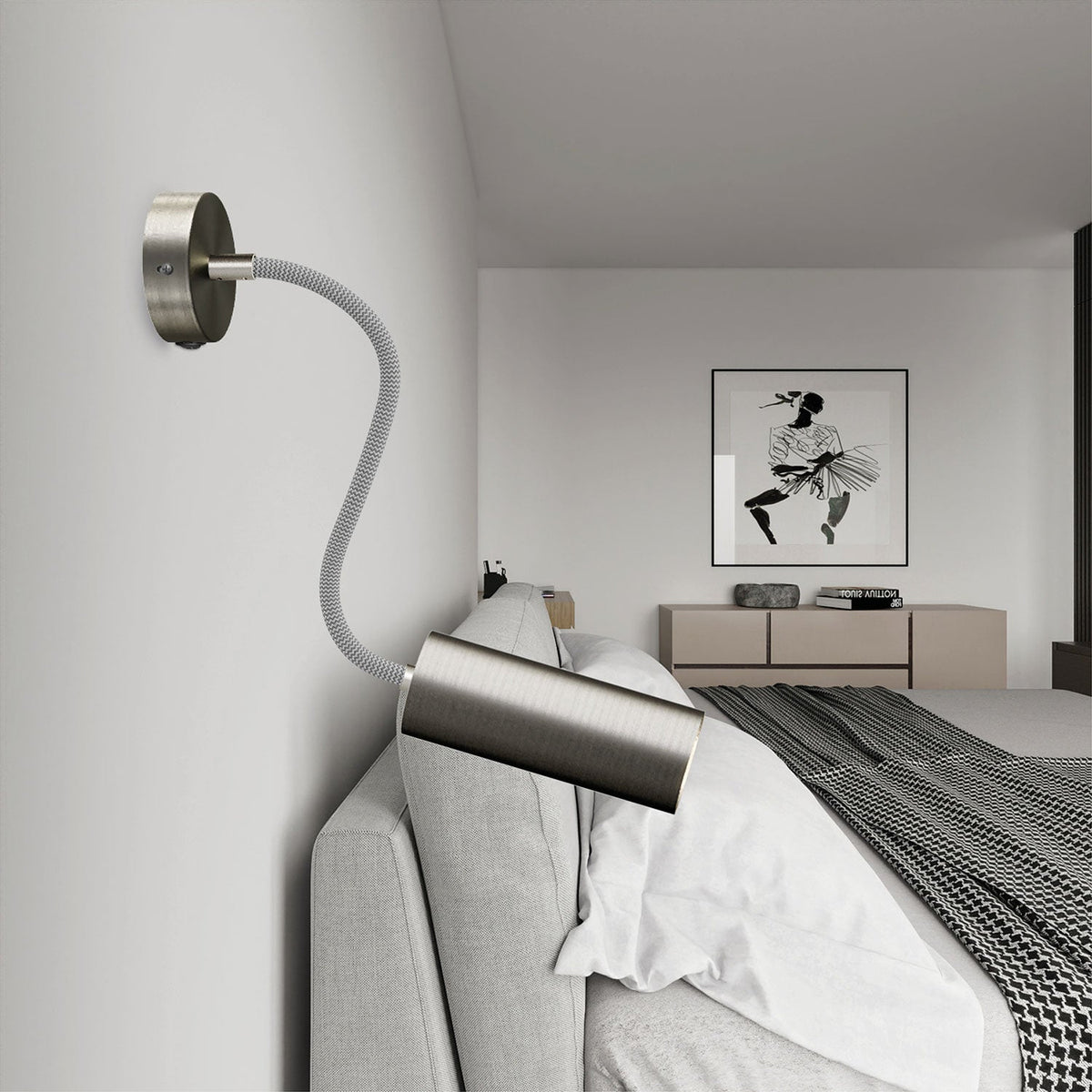 Lampada Fermaluce Flex 30 con mini rosone con interruttore e faretto con paralume Tub-E14 - Titanio satinato