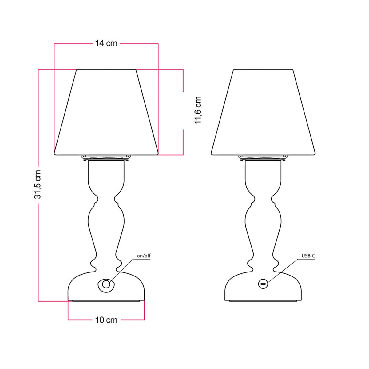 Lampada portatile ricaricabile Cabless14 con lampadina a goccia e paralume - Bianco