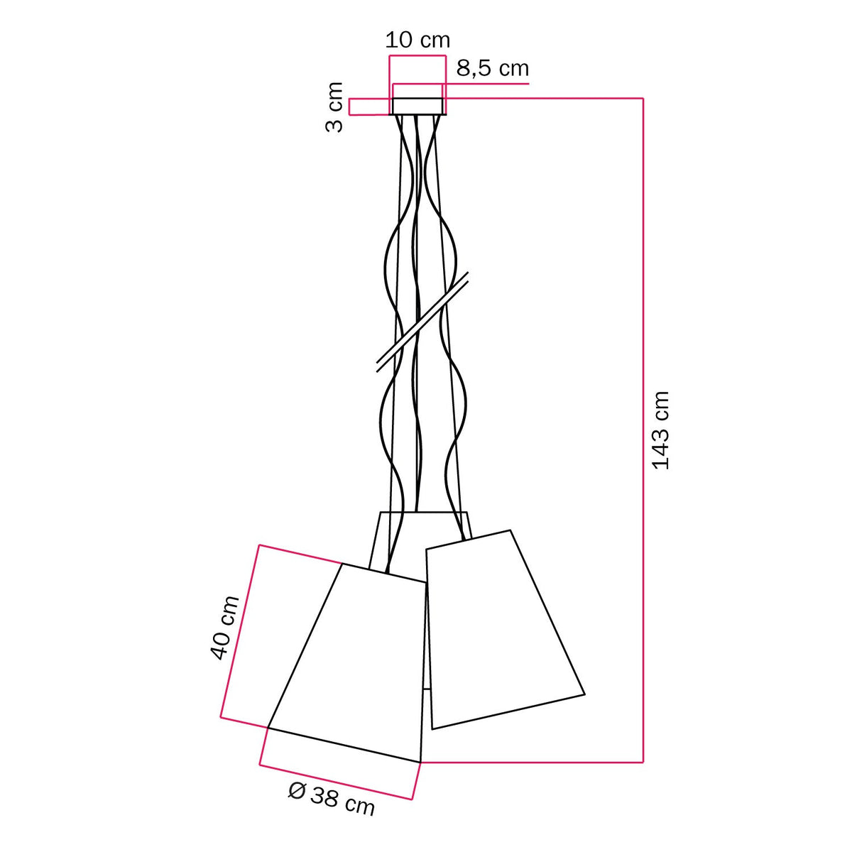 Lampadario Trittico con paralumi a cono bicolore Antracite e Mandarino - Made in Italy