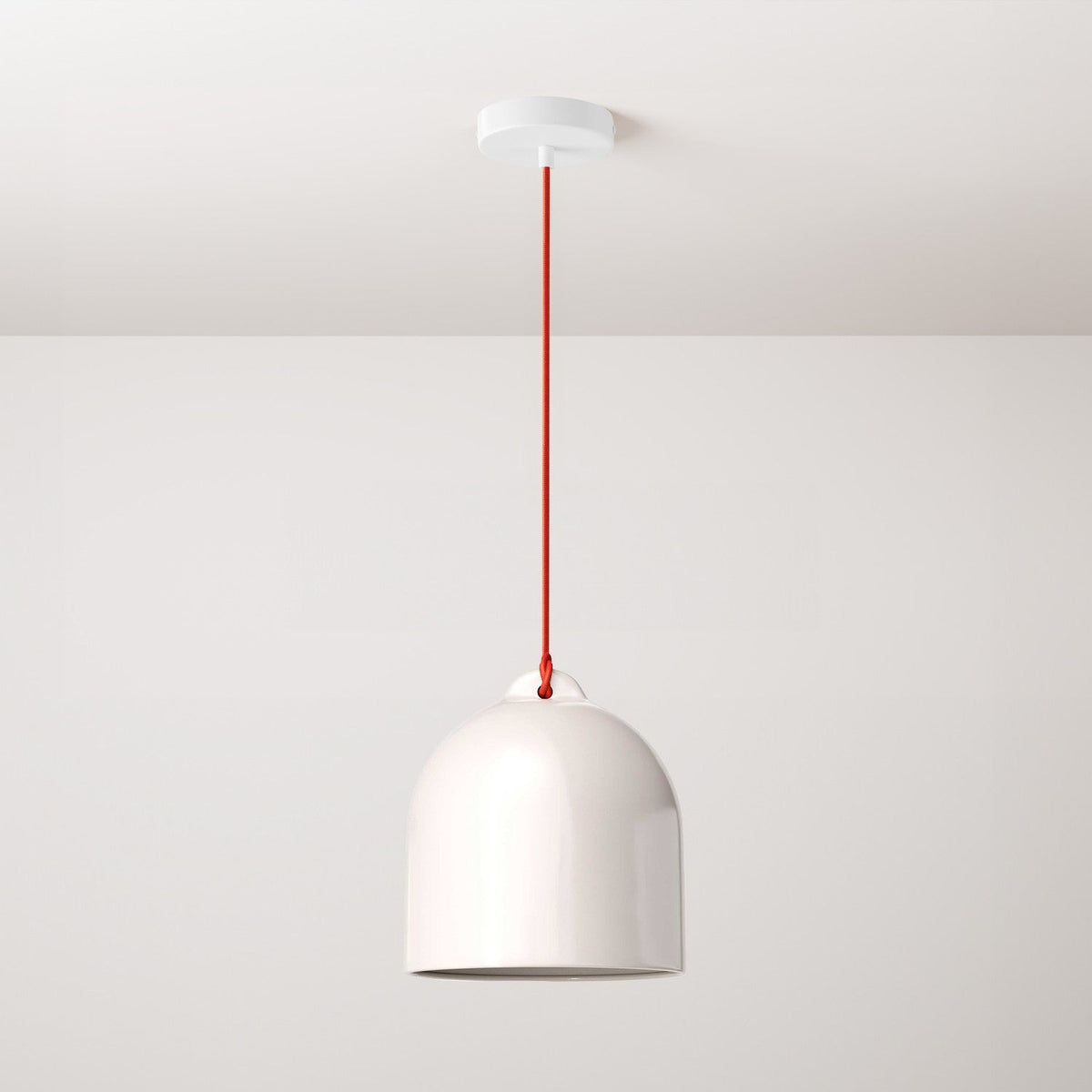 Lampada a sospensione completa di cavo tessile e paralume Campana M in ceramica - Bianco lucido