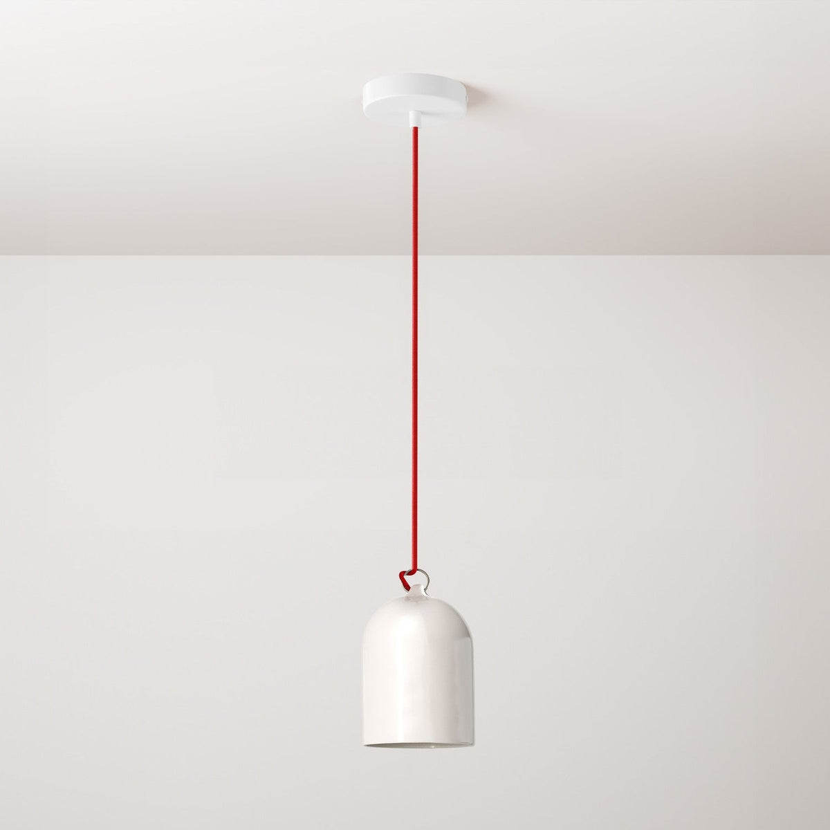 Pendant lamp with textile cable and lampshade Mini Bell XS ceramic shade - Glossy white