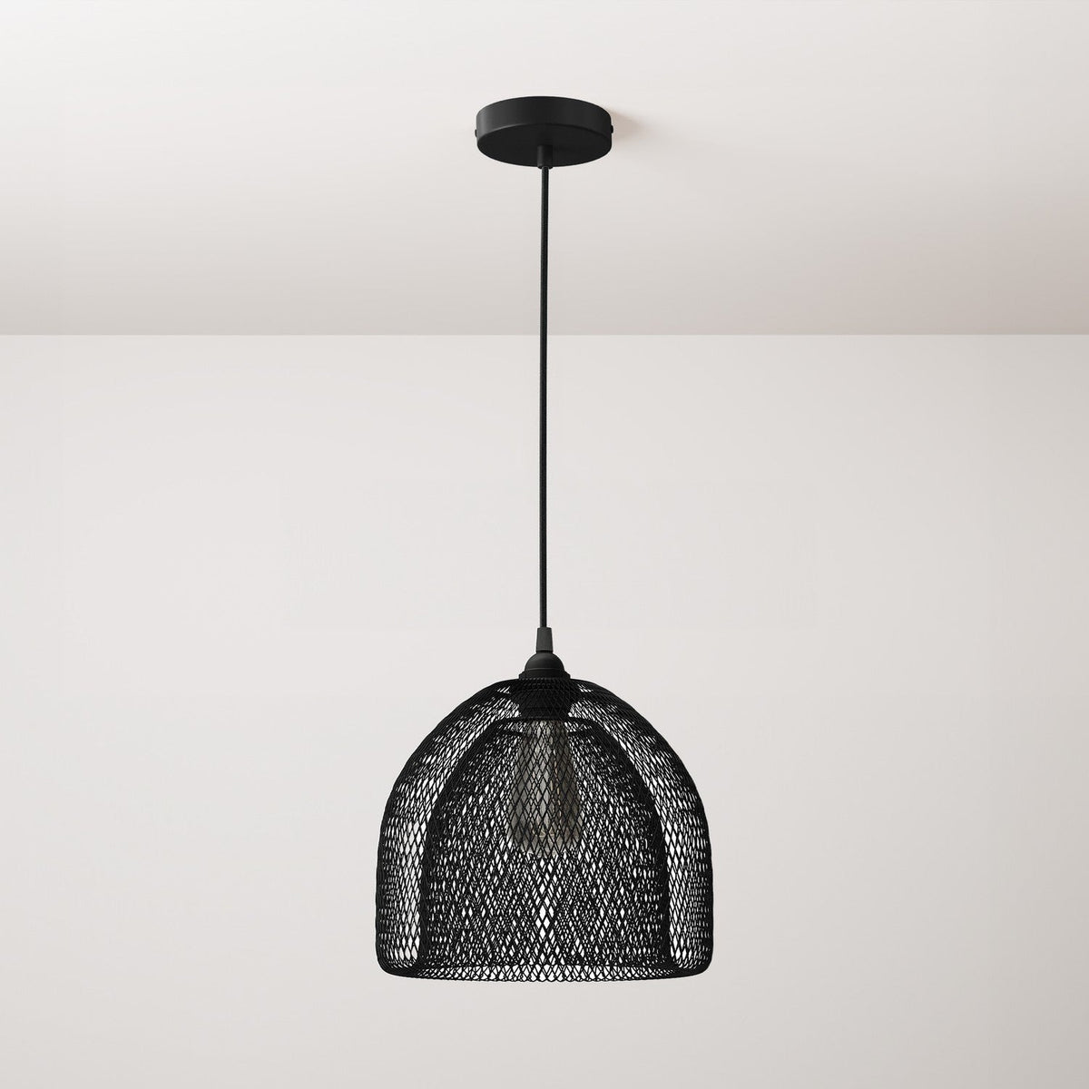 Lampada a sospensione completa di cavo tessile, paralume gabbia Ghostbell XL e finiture in metallo - Nero
