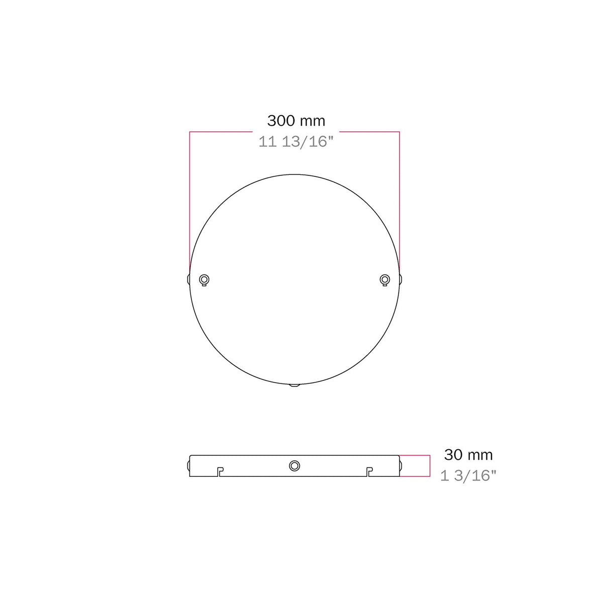 Rosone rotondo in alluminio Ø 30 cm con staffa e cavo di messa a terra, con 2 fori frontali - Bianco Opaco 3
