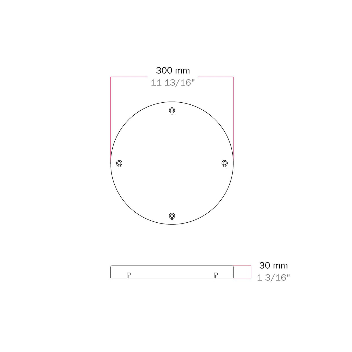 Rosone rotondo in alluminio Ø 30 cm con staffa e cavo di messa a terra, con 4 fori frontali - Bianco Opaco 0