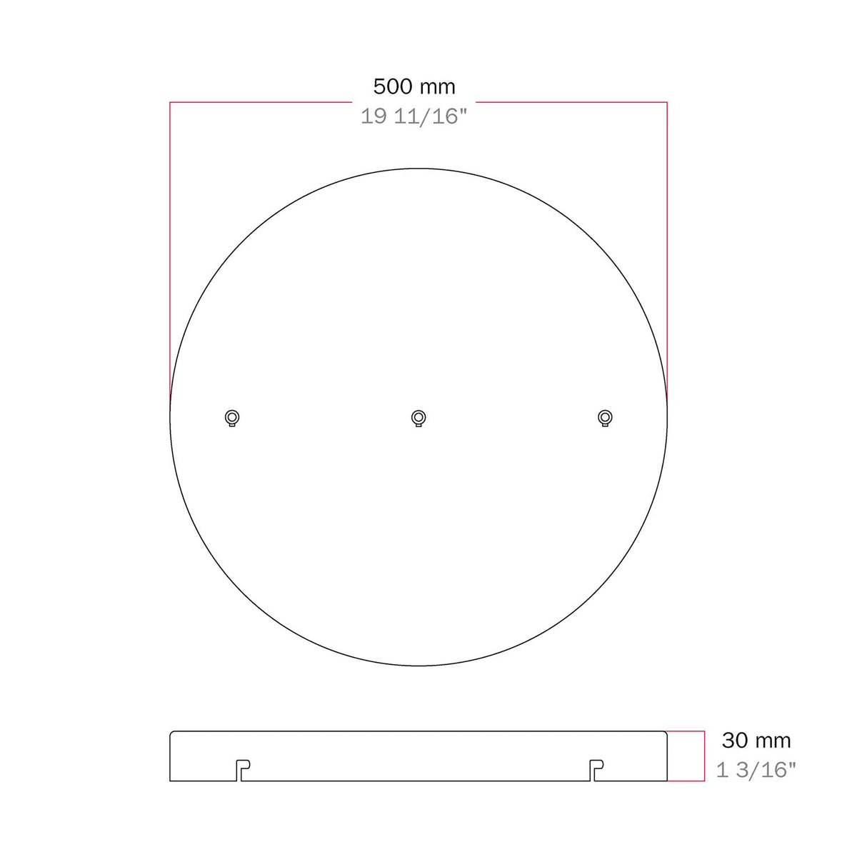 Rosone rotondo in alluminio Ø 50 cm con staffa e cavo di messa a terra, con 3 fori in linea frontali - Nero 0