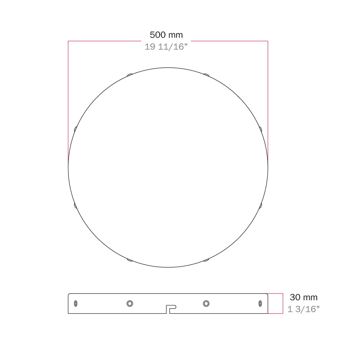 Rosone rotondo in alluminio Ø 50 cm con staffa e cavo di messa a terra, con 8 fori laterali - Bianco Opaco