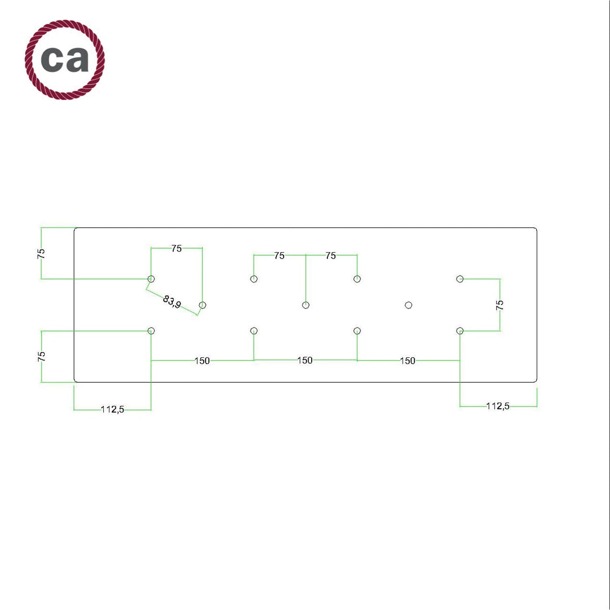 Rosone XXL Rose-One rettangolare a 11 fori e 6 fori laterali, dimensioni 675 x 225 mm - Dibond Nero opaco Bianco