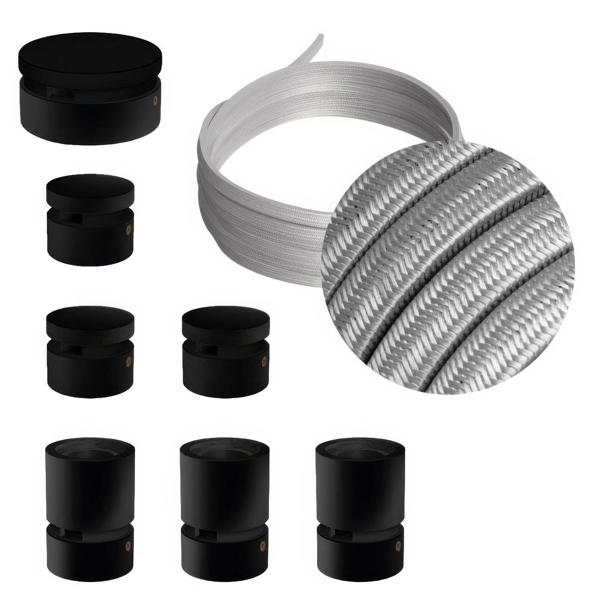 Sistema Filé Linear Kit - con cavo CM02 di 5 m per catenaria e 7 componenti in legno verniciato nero per interni