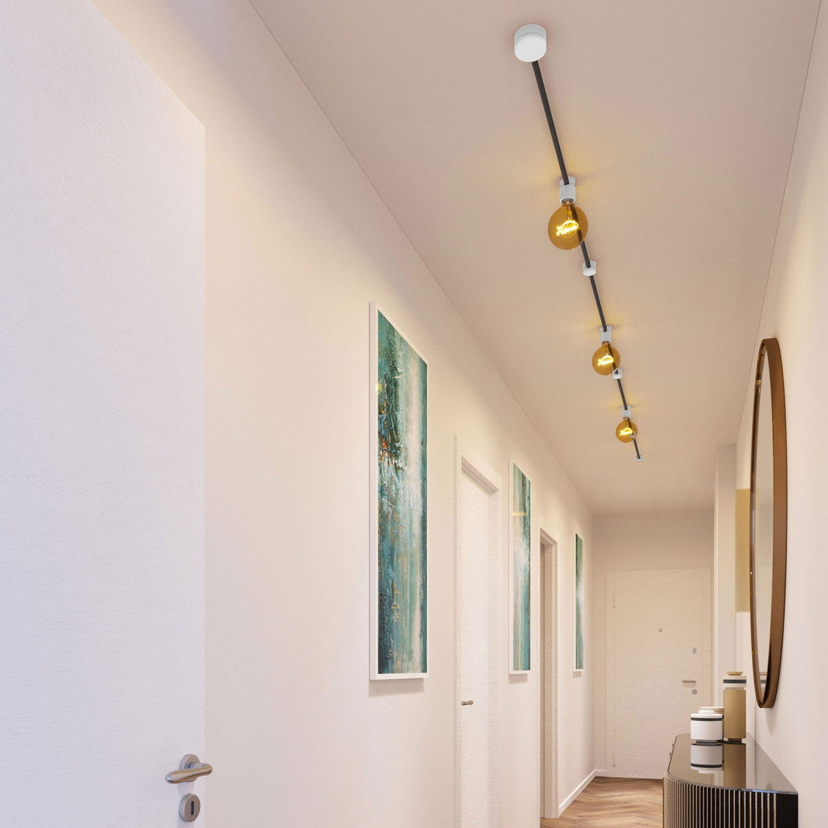 Sistema Filé Linear Kit - con cavo CM03 di 5 m per catenaria e 7 componenti in legno verniciato bianco per interni