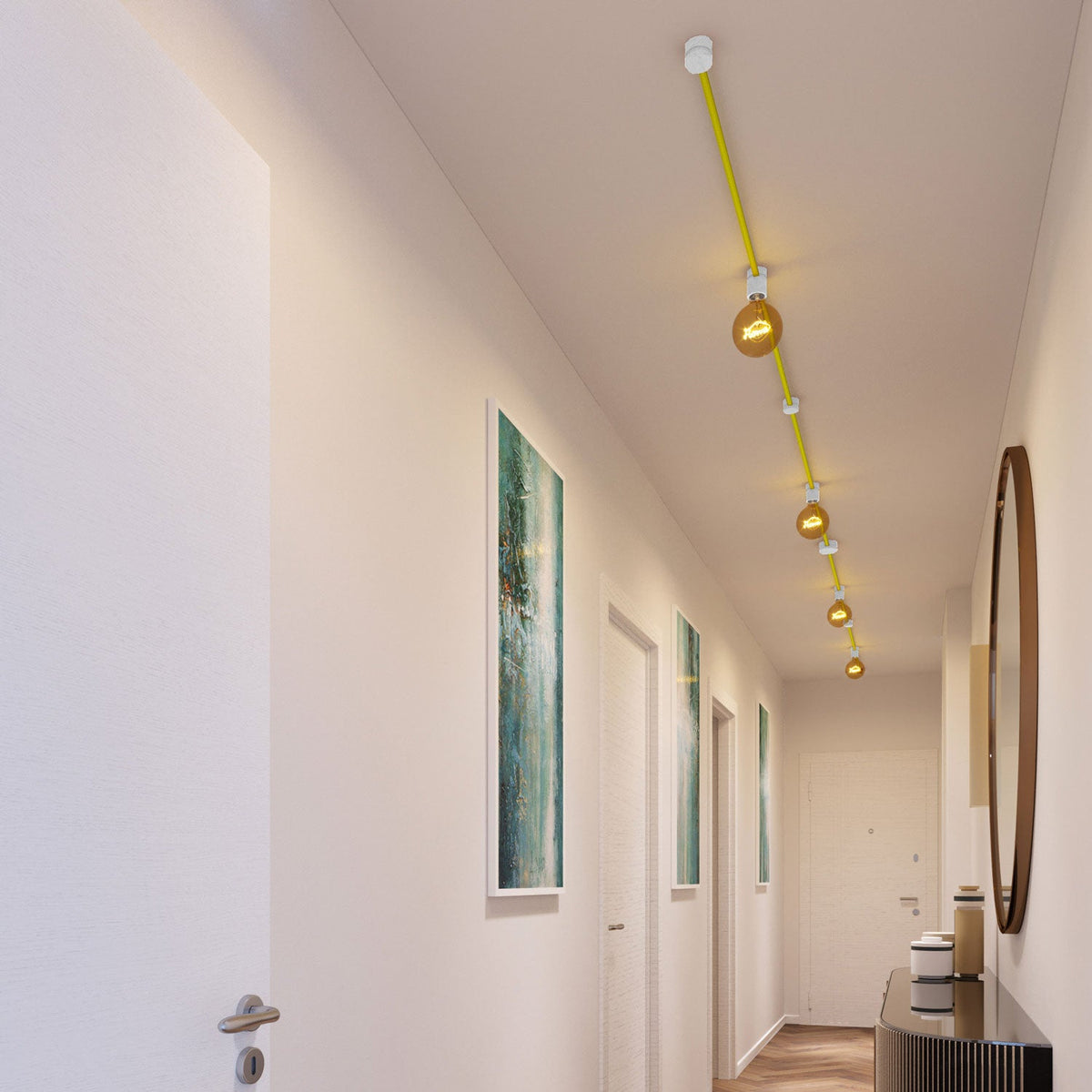 Sistema Filé Symmetric Kit - con cavo CF10 di 5 m per catenaria e 9 componenti in legno verniciato bianco per interni