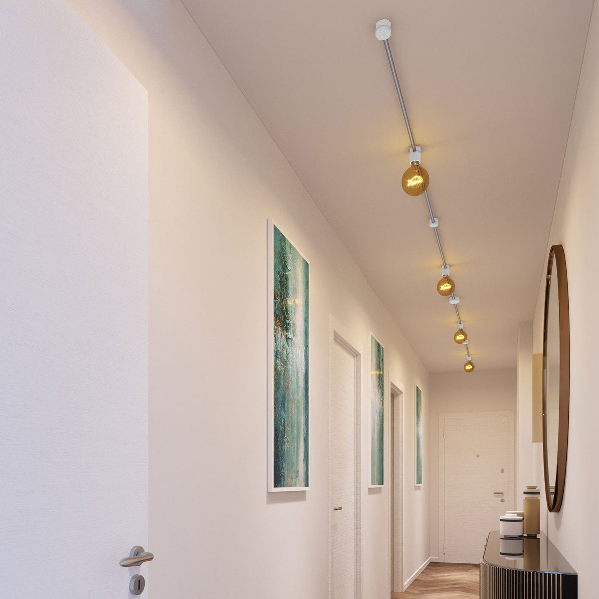 Sistema Filé Symmetric Kit - con cavo CM02 di 5 m per catenaria e 9 componenti in legno verniciato bianco per interni