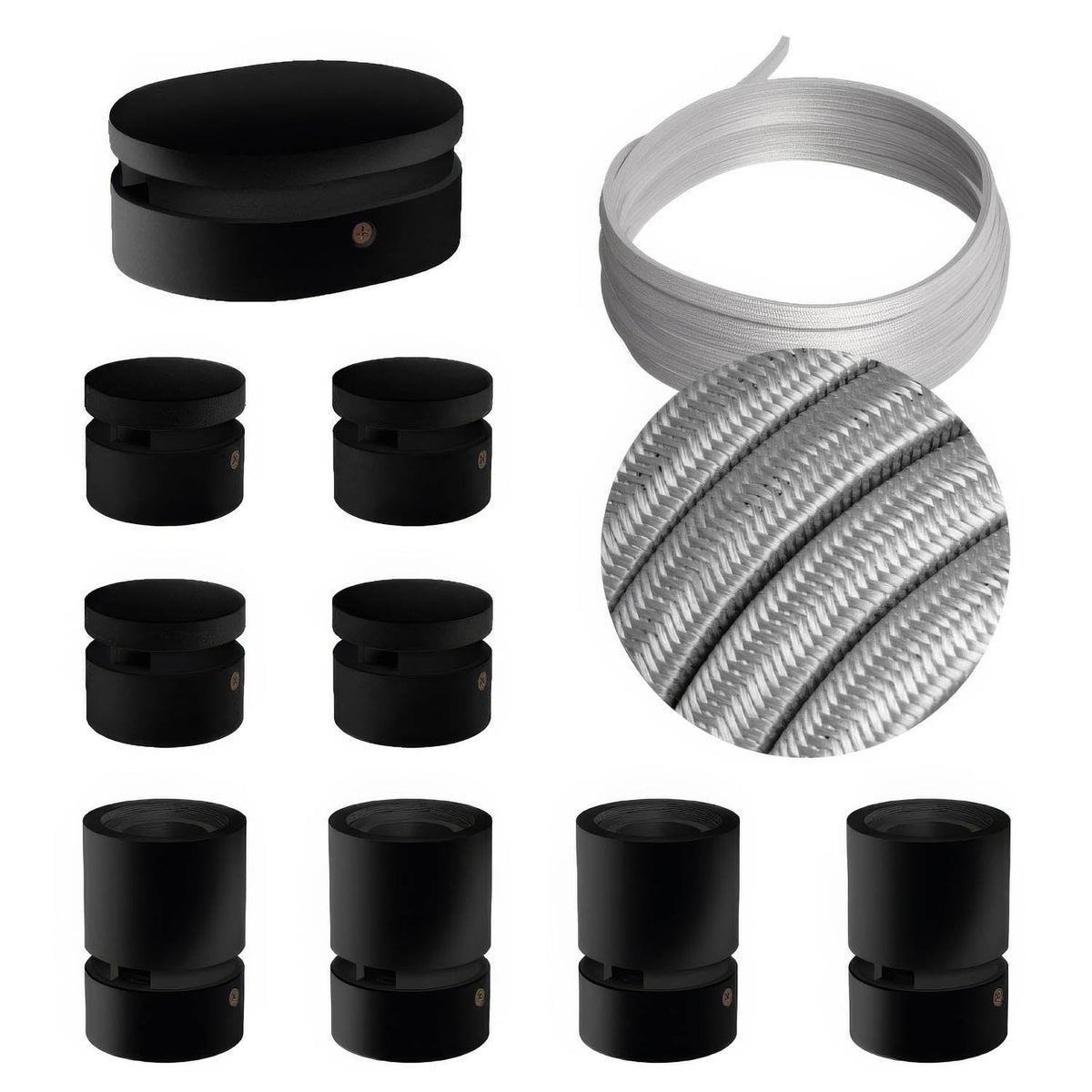 Sistema Filé Symmetric Kit - con cavo CM02 di 5 m per catenaria e 9 componenti in legno verniciato nero per interni