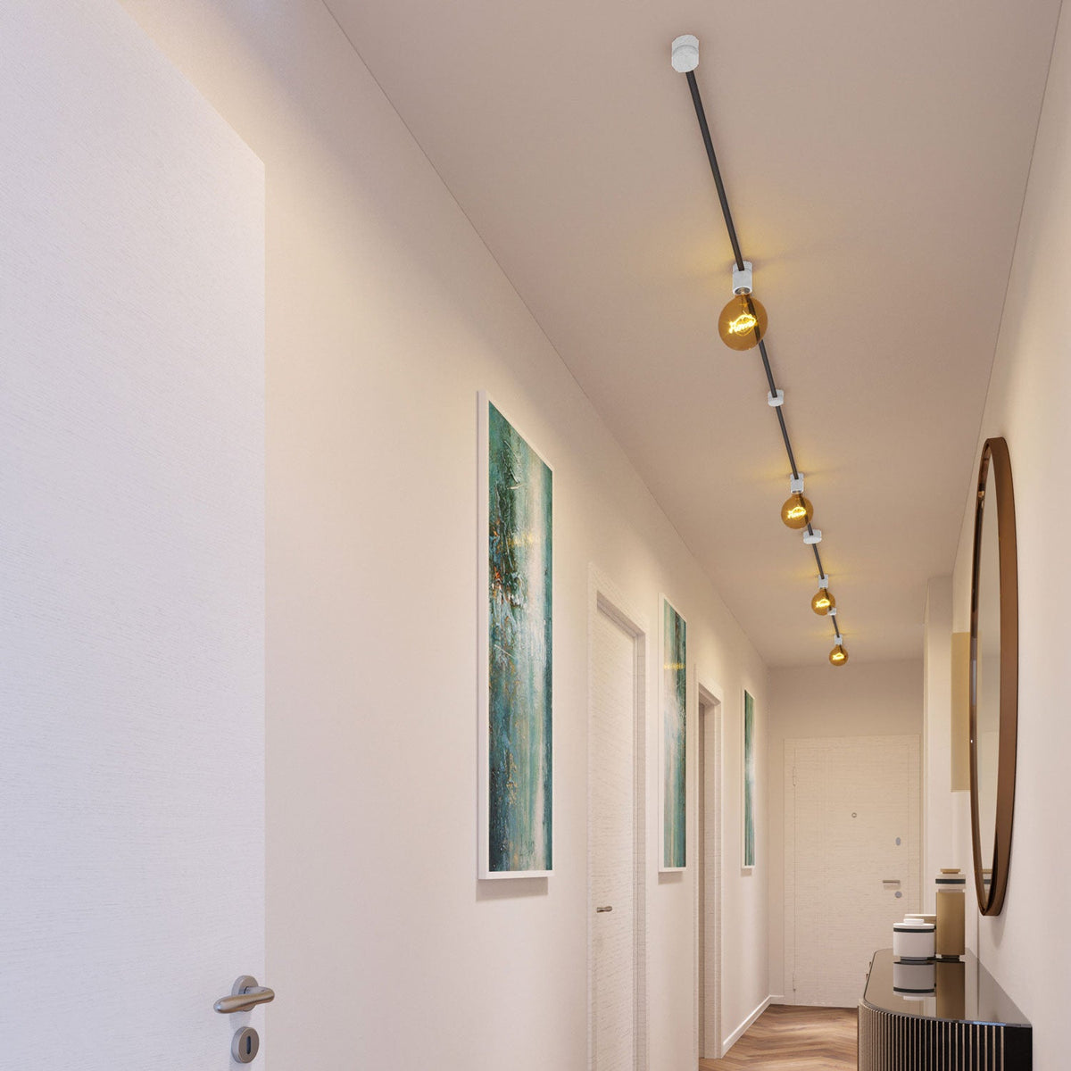 Sistema Filé Symmetric Kit - con cavo CM03 di 5 m per catenaria e 9 componenti in legno verniciato bianco per interni