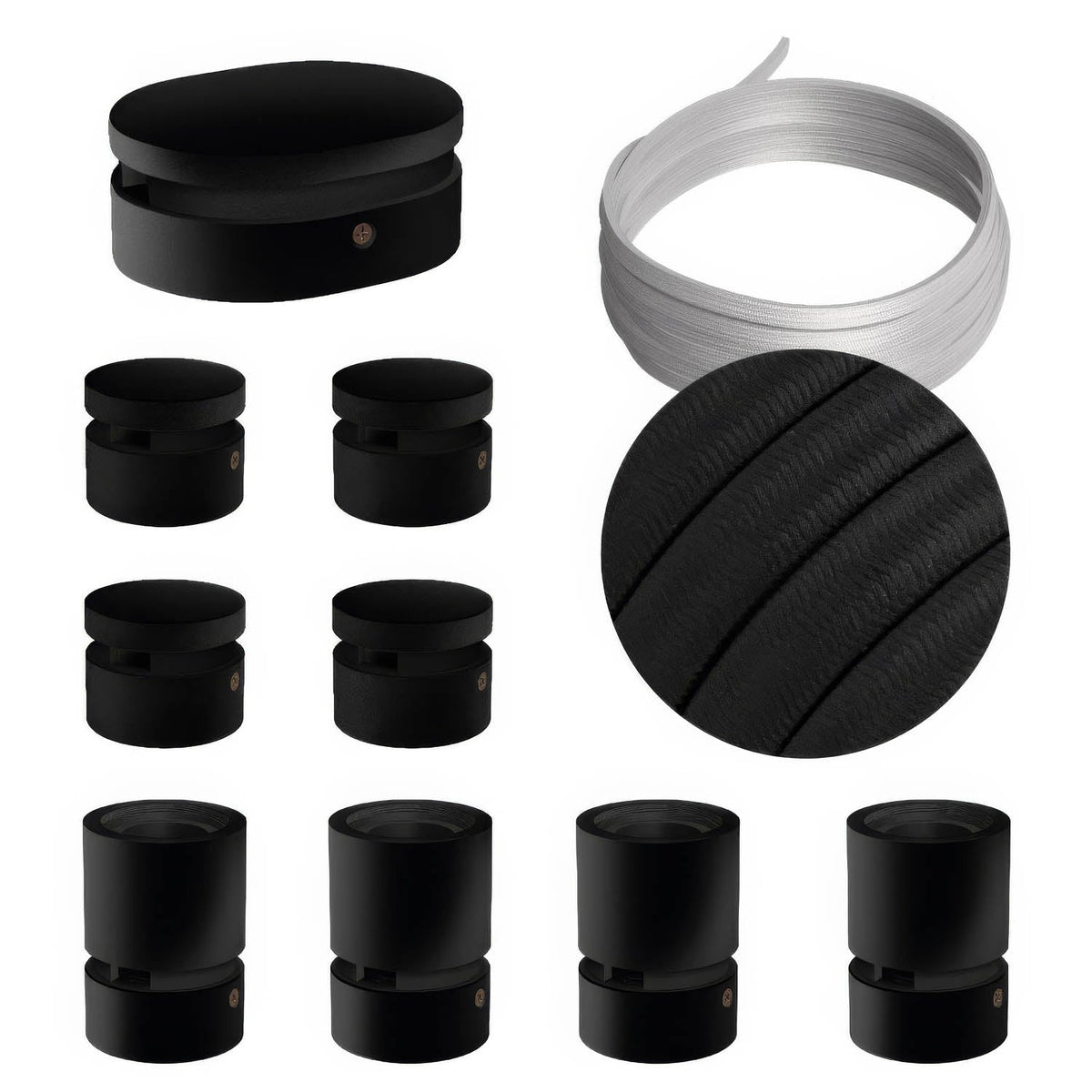 Sistema Filé Symmetric Kit - con cavo CM04 di 5 m per catenaria e 9 componenti in legno verniciato nero per interni