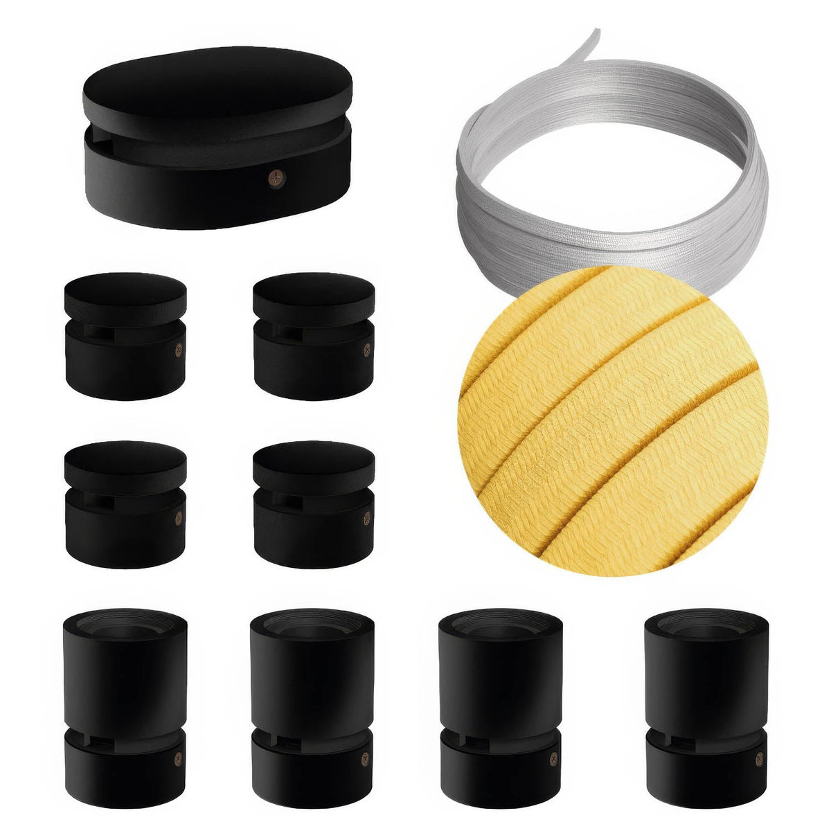 Sistema Filé Symmetric Kit - con cavo CM10 di 5 m per catenaria e 9 componenti in legno verniciato nero per interni