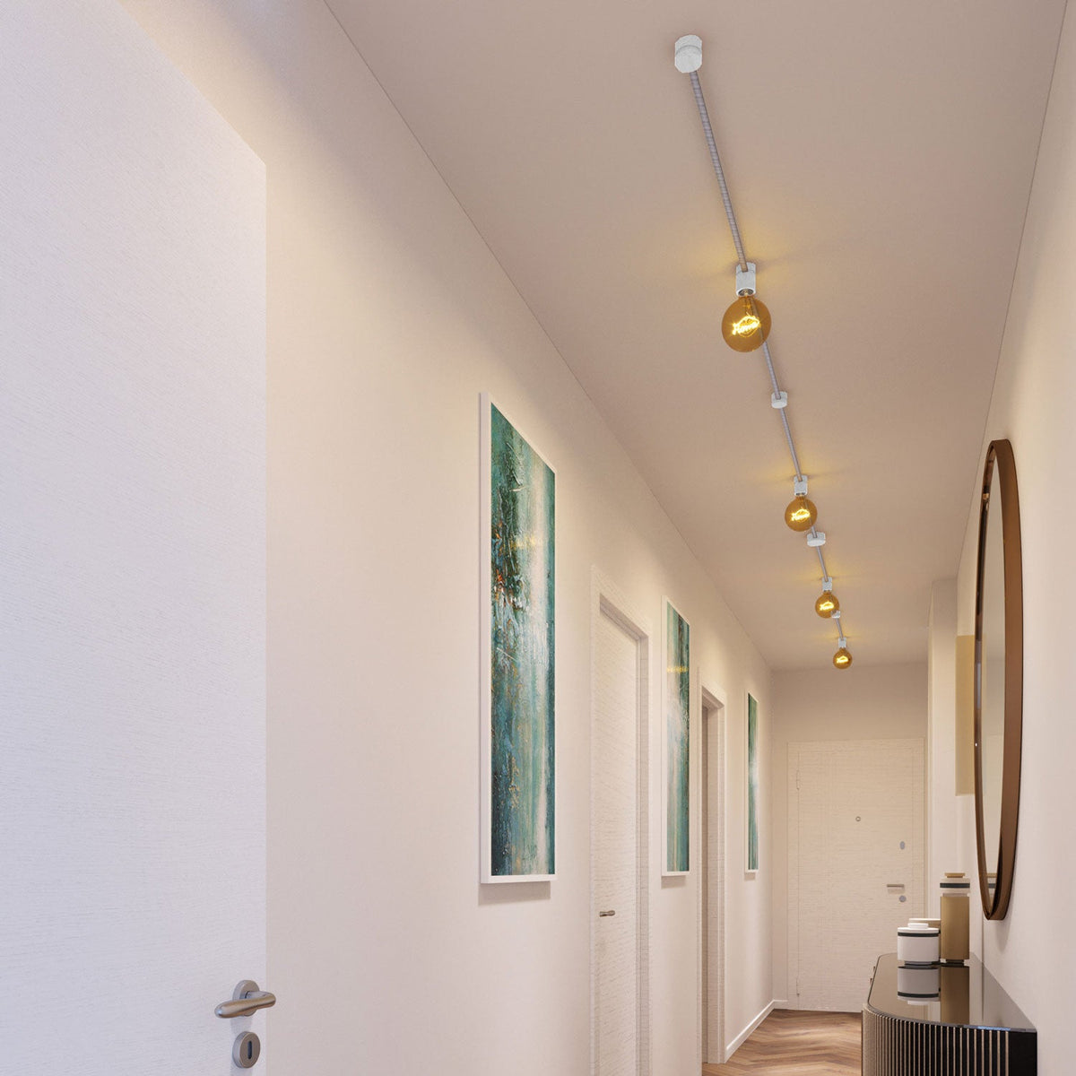 Sistema Filé Symmetric Kit - con cavo ECC37 di 5 m per catenaria e 9 componenti in legno verniciato bianco per interni