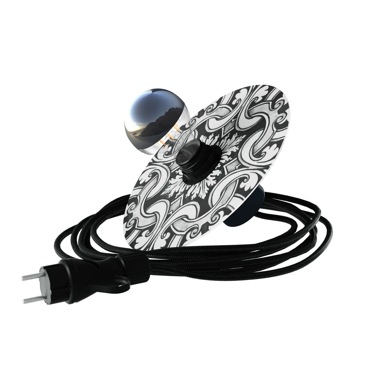 Snake Eiva con paralume mini Piatto Ellepì 'Maioliche' Bianco e Nero, lampada portatile IP65 per esterni con spina