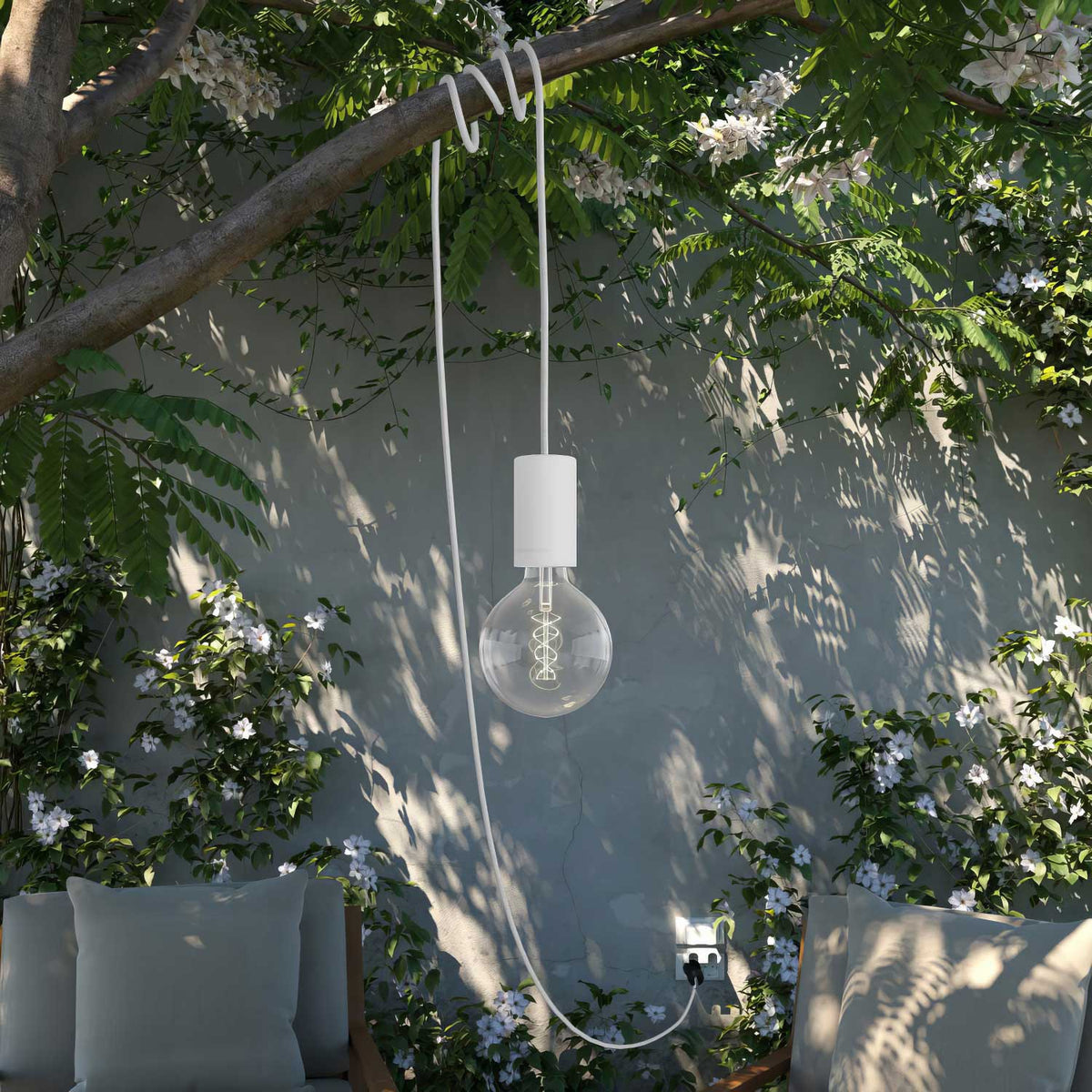 Snake Modulair Elegant, lampada portatile per esterni, 5 m cavo tessile, portalampada IP65 e spina - Bianco