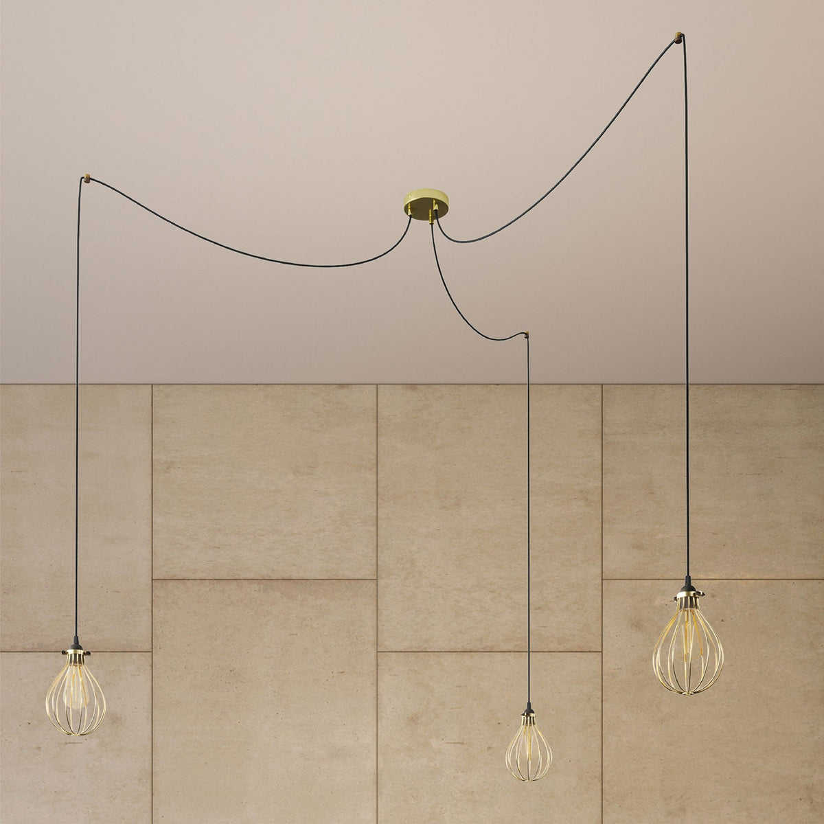 Spider - Lampada a sospensione multipla a 3 cadute con paralume Drop - Ottone